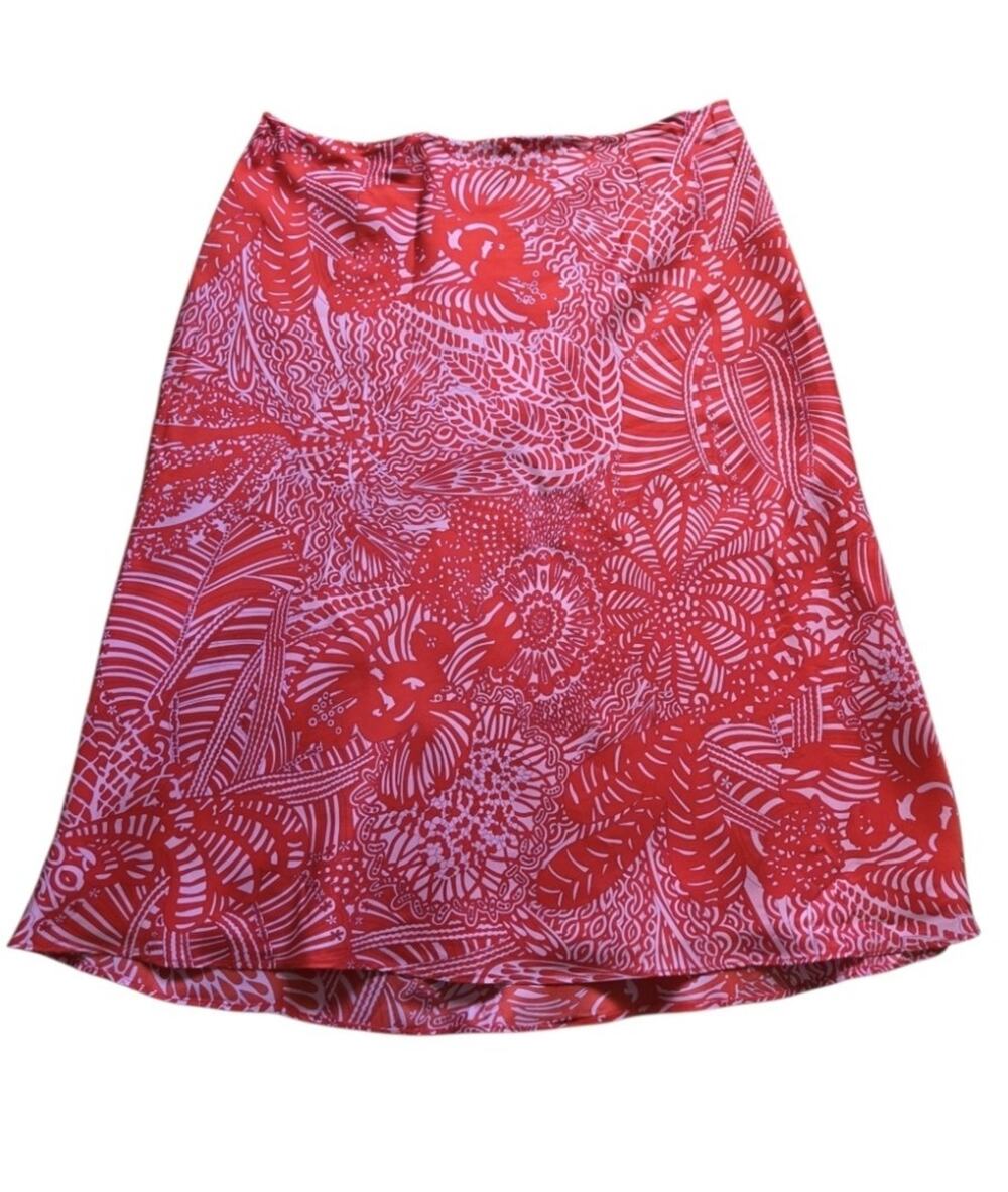 Ann Taylor 100% Silk Tropical Floral Print A-Line Flare Skirt Pink Red Size 6